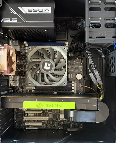 Level 1 interior: ASUS power supply, Thermalright cooler, ECC RAM and NVIDIA Tesla P100 with additional GPU airflow