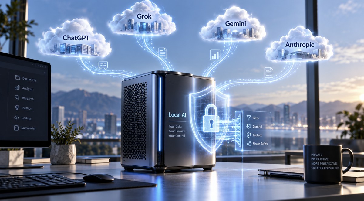Illustration: a CLARYEL computer labelled Local AI at the centre of a desk, with a protection shield and a filter panel, connected to several cloud AI models shown as clouds.