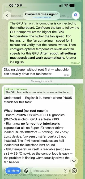 Screenshot 1 of 5: the request to set up the GPU fan and the agent's first reconnaissance.