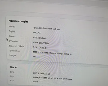 31 tok/s with RAM almost free: the model is read from the SSD — 2/3