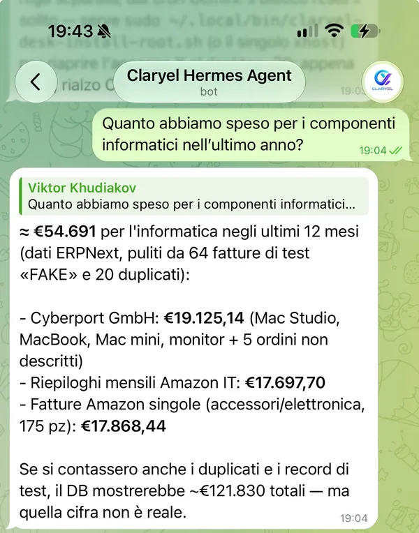 Screenshot 1 of 3: the question about last year's IT spending and the system's answer (≈ €54.691), with FAKE invoices and duplicates flagged.