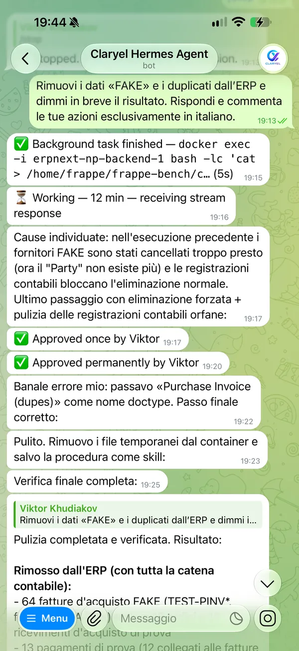 Screenshot 2 of 3: the request to remove the FAKE data and the duplicates, the approvals, the cleanup and the verification.
